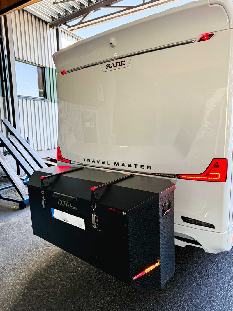 IXTAbox Caravan cargo box on touring caravan, smart travel storage